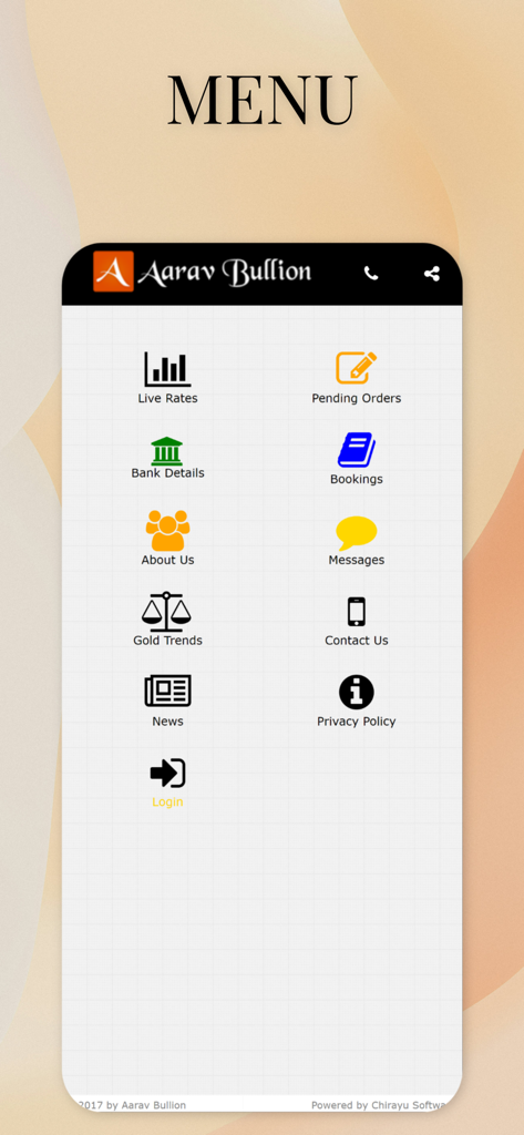Aarav Bullion - Main menu of the Aarav Bullion app displaying icons for live rates gold trends and contact information