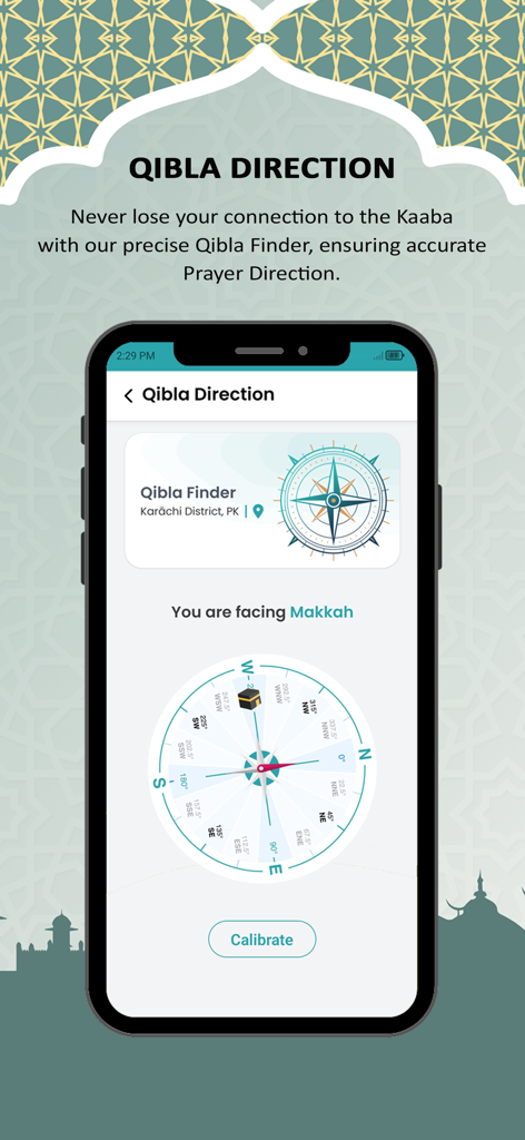 Islamuna: Prayer, Ramadan, Dua - Islamuna app qibla direction finder showing compass and makkah location