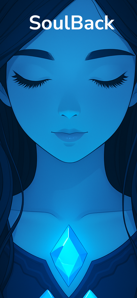 Tela de introdução do aplicativo SoulBack mostrando uma serena ilustração azul de uma garota com os olhos fechados e um símbolo de diamante brilhante.