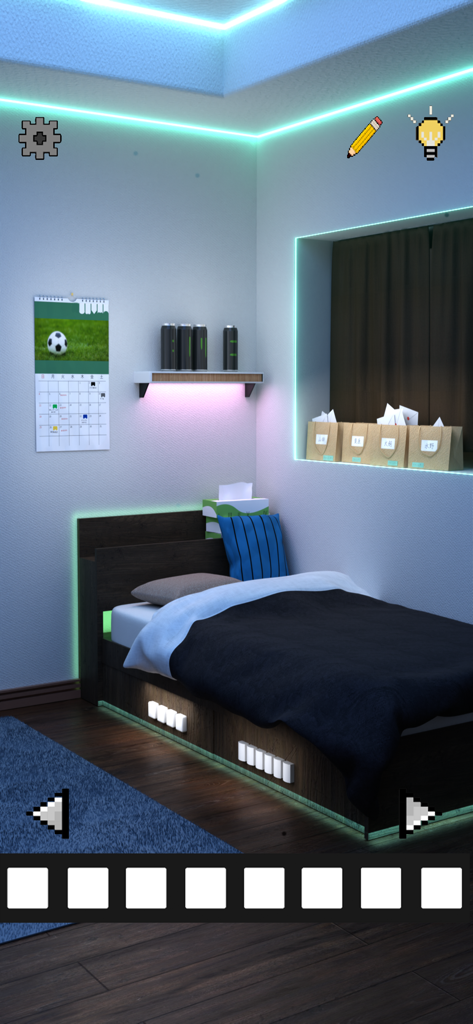 脱出ゲーム  ゲーム配信者の家から出たい - Una escena de dormitorio moderna en un juego de escape con iluminación LED cian, un calendario de fútbol y una estética de gamer.