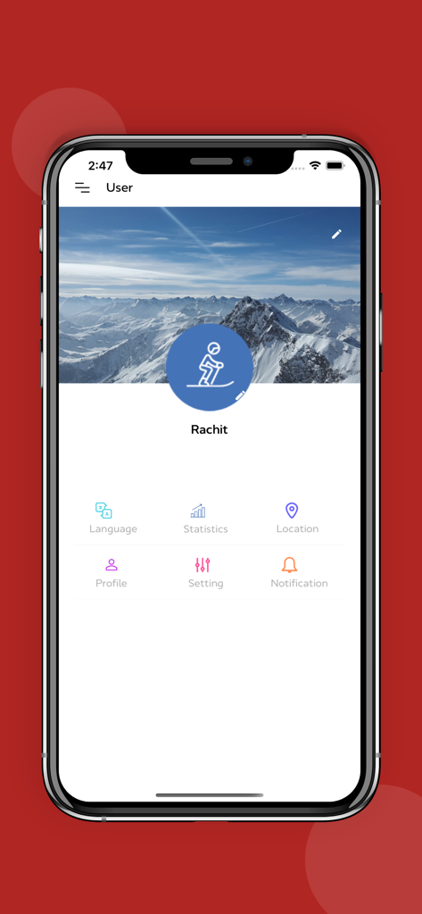 PRO SKI Sensor - User profile dashboard of the PRO SKI Sensor app showing account settings and navigation icons