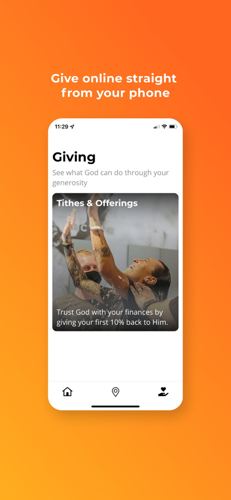 Elevation 앱의 헌금 화면, 온라인 십일조 및 헌금 옵션 표시