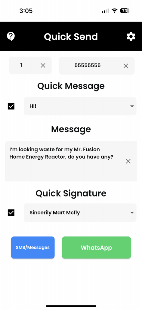 Quick Send for WhatsApp - User interface of the Quick Send app showing message templates and options to send via WhatsApp or SMS