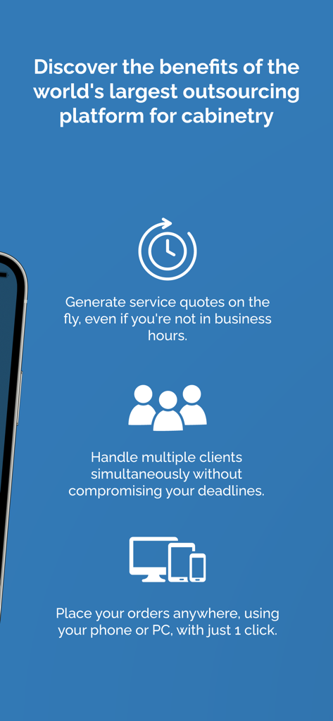 Infografía que muestra las características de la aplicación Cortecloud, incluyendo presupuestos instantáneos y pedidos desde múltiples dispositivos para carpintería.