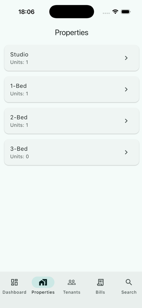 SmartCart App-Oberfläche mit einer Liste von Mieteinheitstypen wie Studio und Ein-Zimmer-Wohnungen mit aktuellen Zählungen