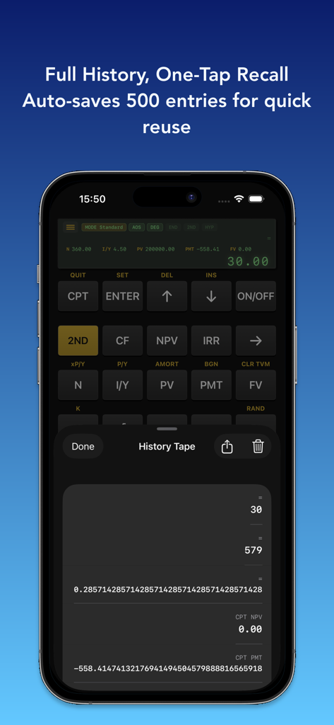 FinCalc financial calculator app showing the history tape feature with saved entries