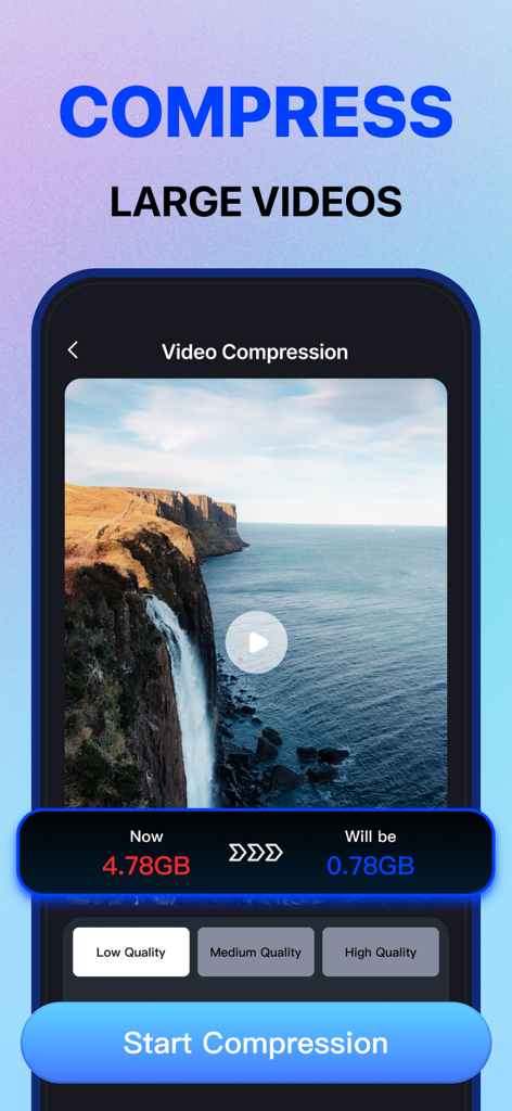 Interface do aplicativo Smart Cleaner mostrando o recurso de compressão de vídeo para reduzir o tamanho do arquivo e economizar armazenamento