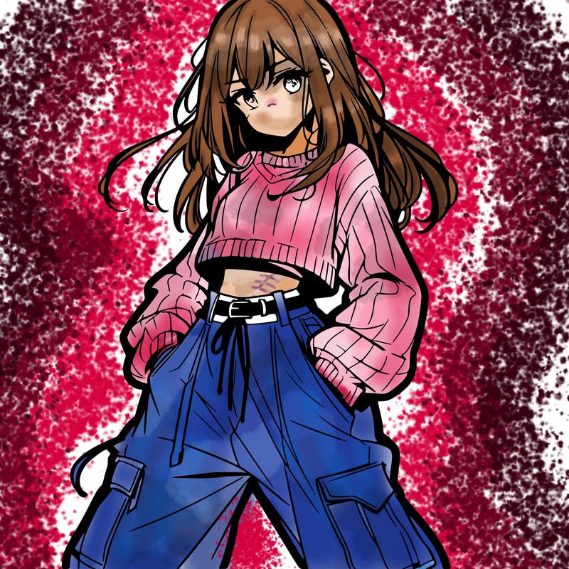 anime teen girl with baggy pants and crop top with sweater