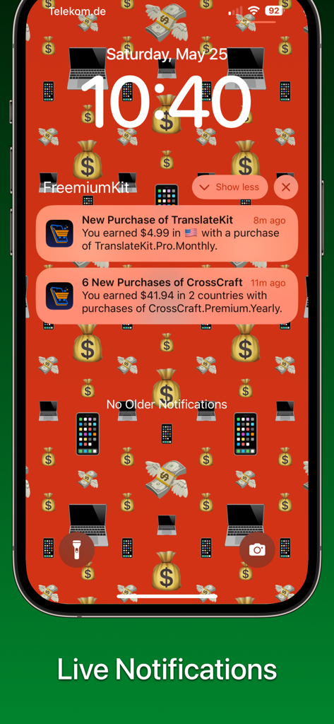 FreemiumKit: In-App Purchases - Schermata di blocco dell'iPhone che mostra notifiche in tempo reale sui ricavi e sui nuovi acquisti per uno sviluppatore indie che utilizza FreemiumKit.