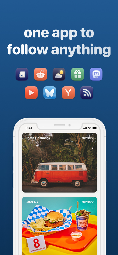 A mobile screen showing the feeeed app with various source icons and a personalized feed including photos and news articles.