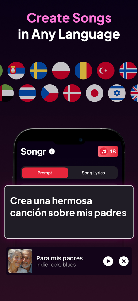 AI Song Music Generator: Songr - AI song generator app interface showing music creation from a Spanish language prompt