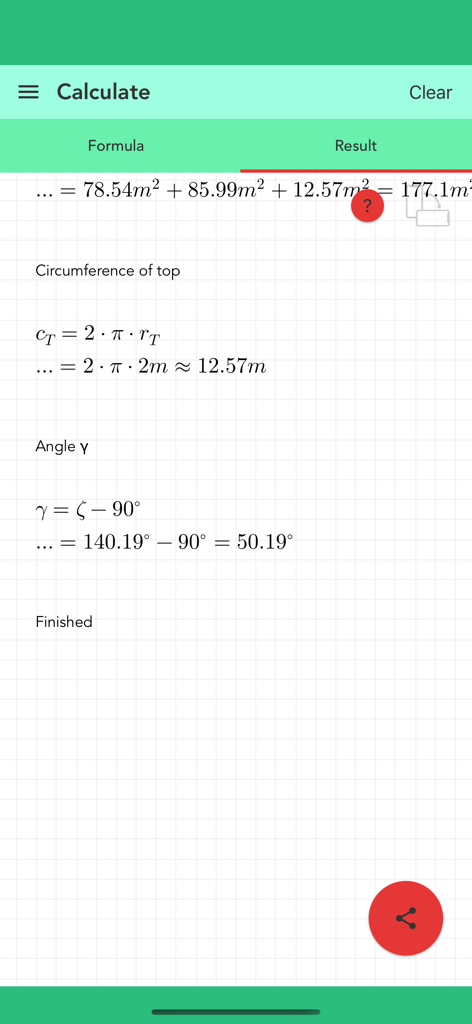 Schrittweise mathematische Formeln und Berechnungsergebnisse für einen Kegelstumpf