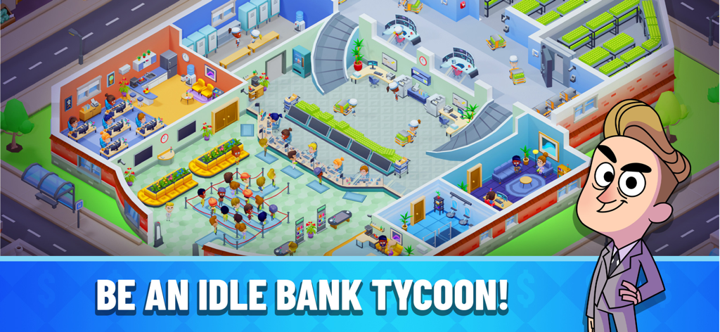 Idle Bank Tycoon: Money Game - オフィスと顧客がいる銀行管理シミュレーションのアイソメトリックゲームプレイビュー