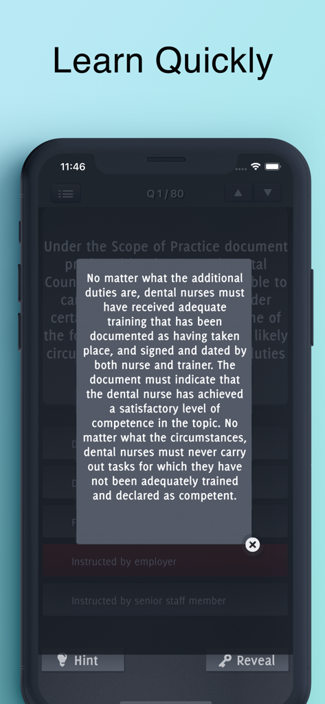 Interfaccia dell'app Dental Nurse Revision Exam che mostra un popup esplicativo sull'educazione riguardante i doveri infermieristici