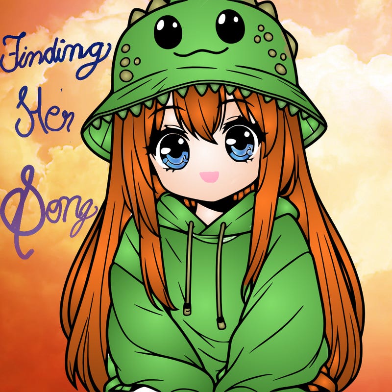 girl with anime shaped eyes with a dinosaur bucket hat oversized sweatshirt long straight hair