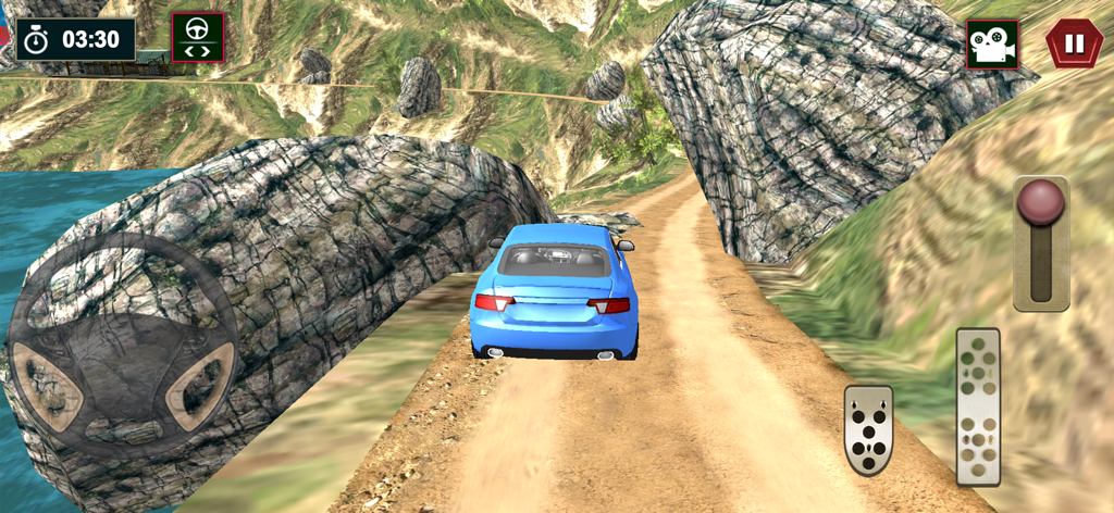 Offroad 4x4 Driving Car Games - Um carro azul navegando por um caminho estreito de terra através de rochas de montanha em um simulador offroad 4x4.