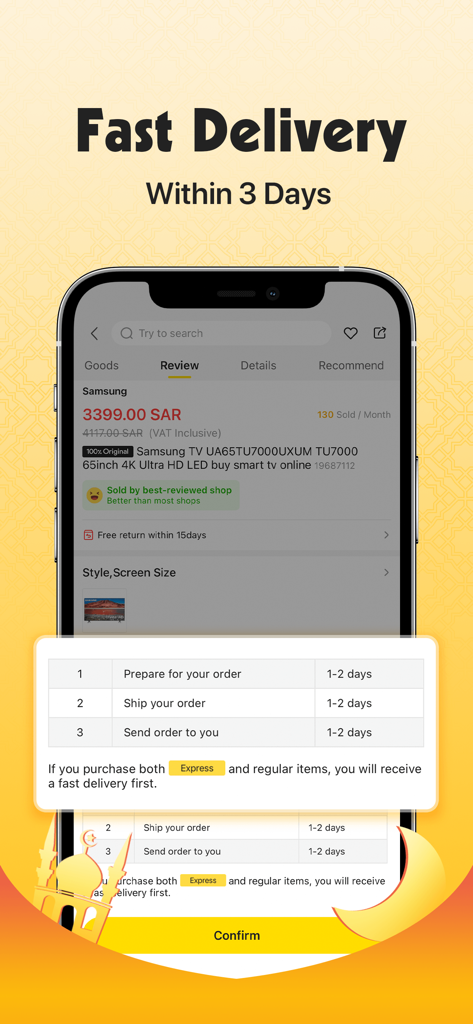 Screenshot dell'app Fordeal che mostra la consegna veloce entro tre giorni per l'elettronica
