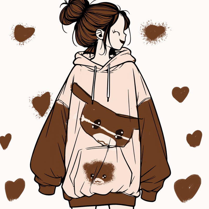 realistic girl with a oversized sweatshirt on and a bun