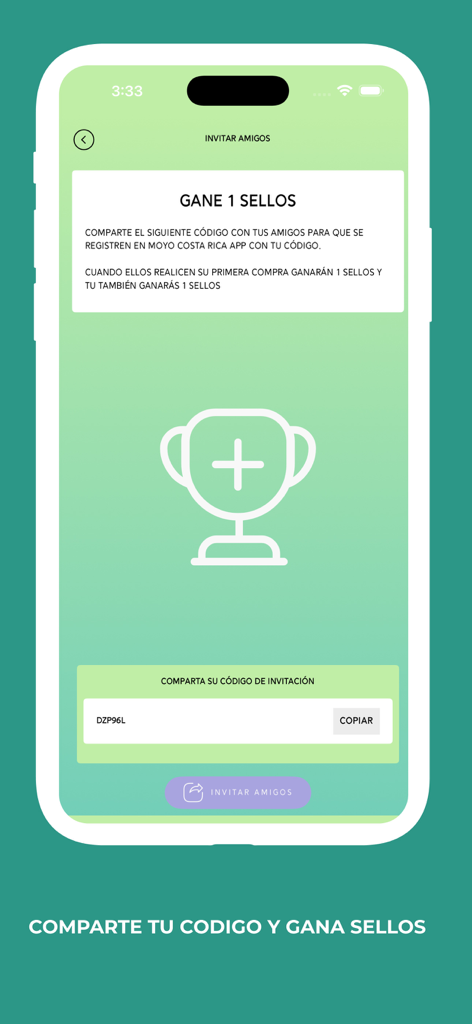 Moyo Costa Rica App Empfehlungsbildschirm mit einem Code zum Einladen von Freunden und zum Verdienen von Treuestempeln