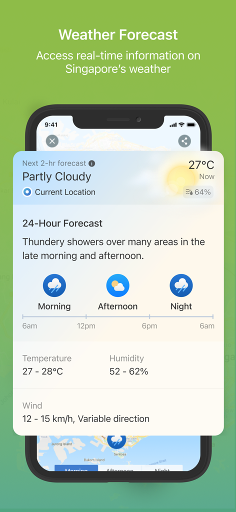 myENV - A screenshot of the myENV app showing a 24-hour weather forecast for Singapore including temperature, humidity, and wind conditions.