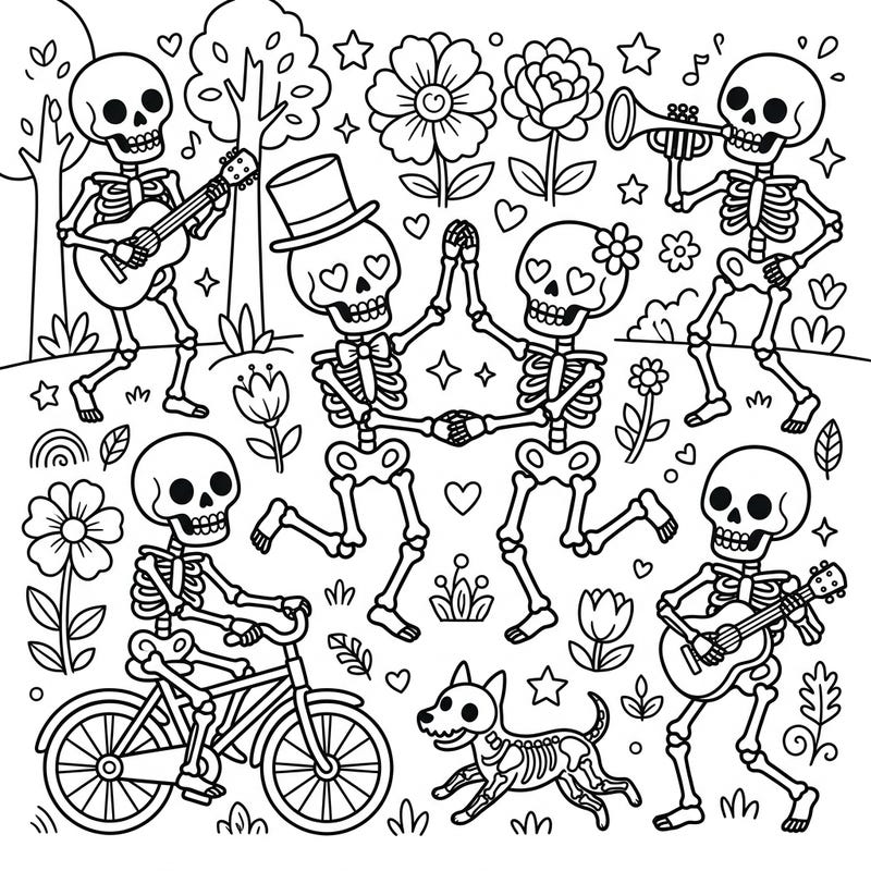 Discover a charming world where skeletons are friendly and full of life! This delightful coloring page is packed with playful skeletons dancing, making music, and even riding a bike, perfect for little artists.