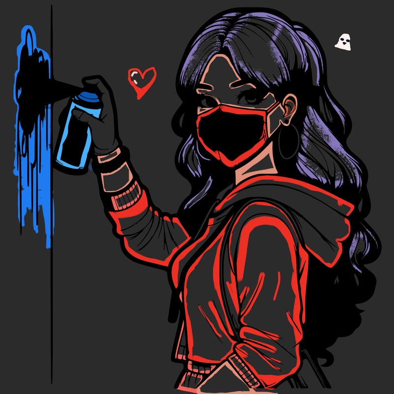 realistic girl with mask spray painting a wall