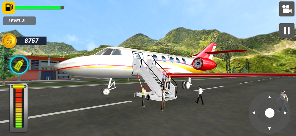 Airplane Game Flight Simulator - Un jet privato su una pista aeroportuale con passeggeri in imbarco tramite scale in un gioco simulatore di volo mobile.