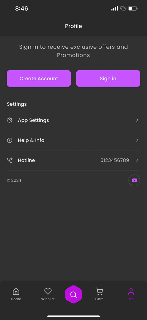 Online Gaming Marketplace - The profile section of the Online Gaming Marketplace app with sign in and create account buttons