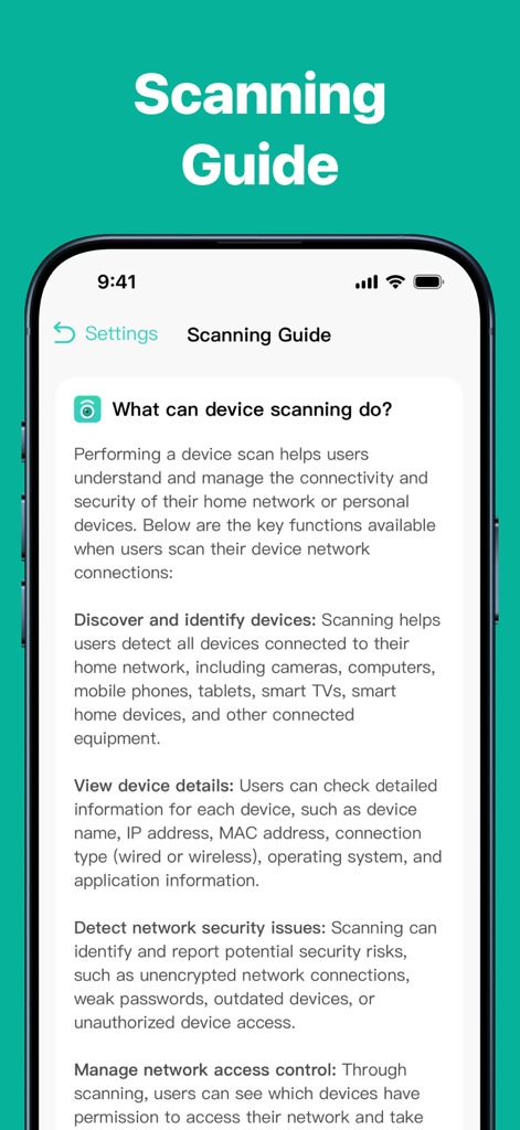 Security Home - Camera Connect - Scanning Guide screen in the Security Home app explaining how to identify devices and detect network security issues