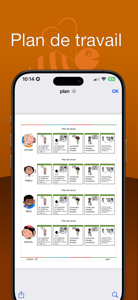 Je valide - A work plan dashboard in the Je Valide app displaying student progress and competency cards.