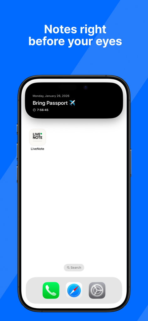 LiveNote: Note on Lock Screen - LiveNote app displaying a Bring Passport reminder in the iPhone Dynamic Island