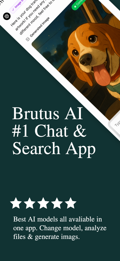 Chat Unlimited & Ask Brutus AI - Brutus AI chat and search app interface showing five star rating and AI generated dog image