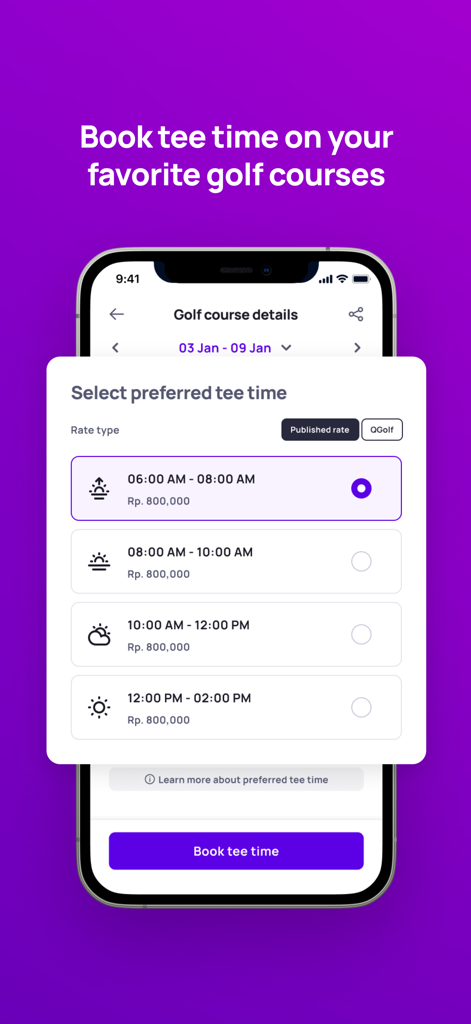 Swing - Multisport App - 予約可能なゴルフティータイムと価格を表示するモバイルインターフェース