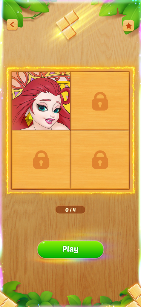 Block Crush: Wood Block Puzzle - A jigsaw puzzle event screen in the Block Crush app featuring a character portrait piece and three locked wooden blocks.