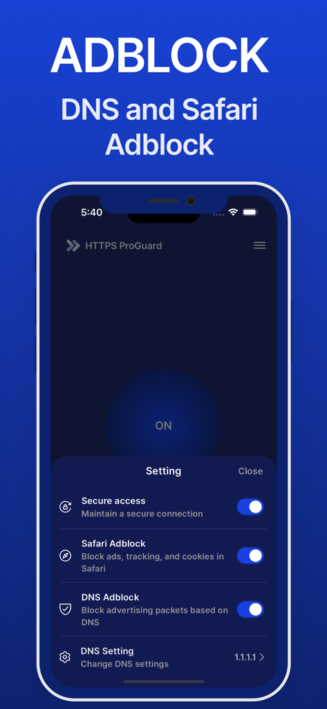HTTPS Guard Pro app interface showing active Safari adblock and DNS adblock settings with custom DNS selection.