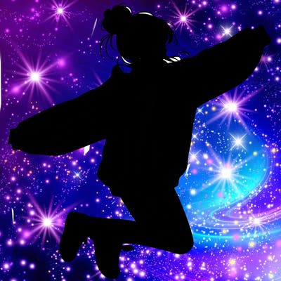 realistic girl jumping with a bun and oversized sweatshirt