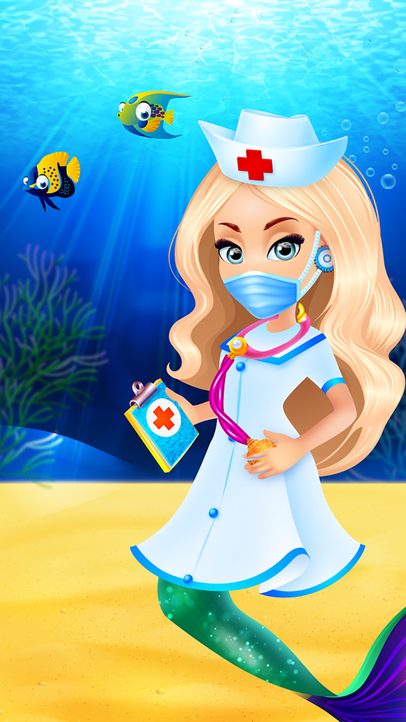 Mermaid Life - Family Story & Dressup Girls Games - Un personaje de sirena rubia vestida de enfermera con una mascarilla médica y un estetoscopio en un entorno submarino.
