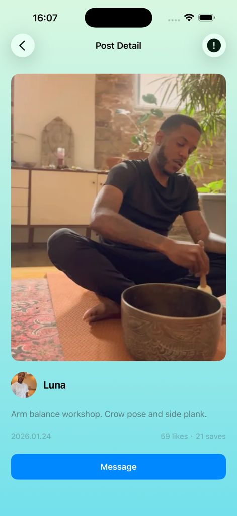 Azarr - A post detail screen in the Azarr app showing a yoga practitioner with a meditation singing bowl