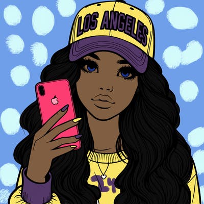 realistic beautiful girl wearing los ángeles cap holding an iphone