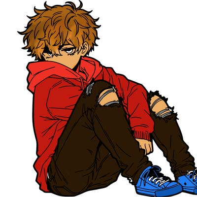a male hoddie ripped jeans messy hair anime