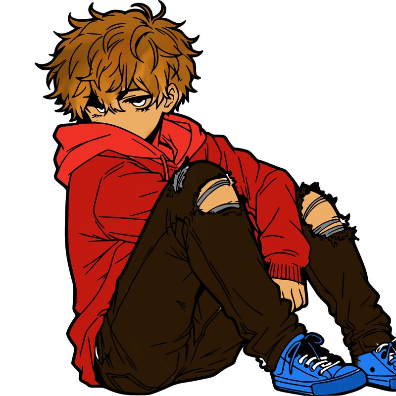 a male hoddie ripped jeans messy hair anime