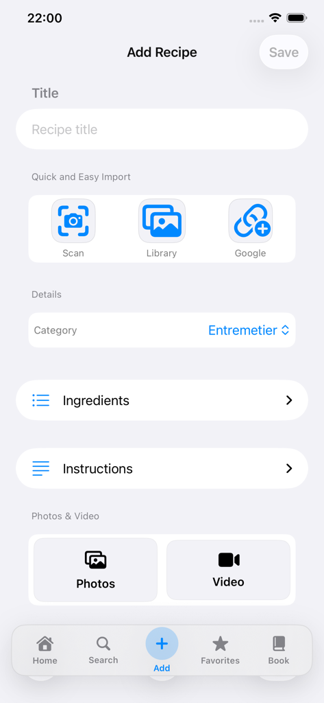 RecipeNotes – For Pro Chefs - Interfaz de Añadir Receta en RecipeNotes mostrando opciones para escanear recetas e importar desde enlaces.