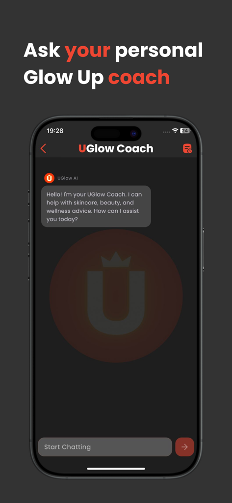 UGlow: GlowUp Boost Confidence - The UGlow app's personal AI coach chat interface for skincare and beauty advice