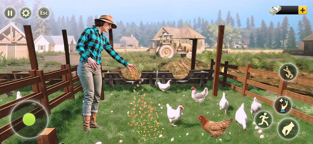 Ranch Farm Store Animal Sim 25 - Una mujer con una camisa de cuadros alimenta a un grupo de gallinas en un área de rancho cercada
