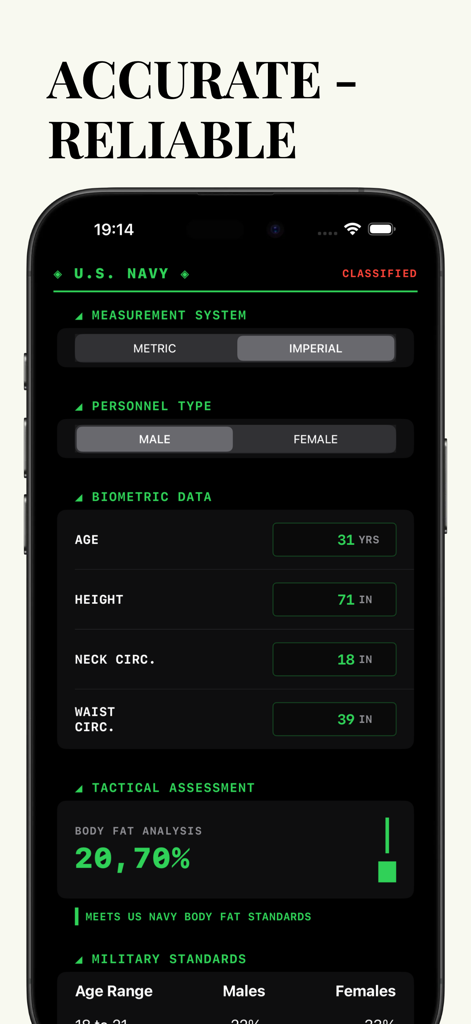 Navy Body Fat Calculator Pro - Navy Body Fat Calculator Pro app interface displaying accurate body fat percentage and military health standards