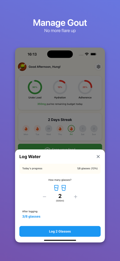 Gout Snap AI app interface for logging daily water intake and tracking hydration levels