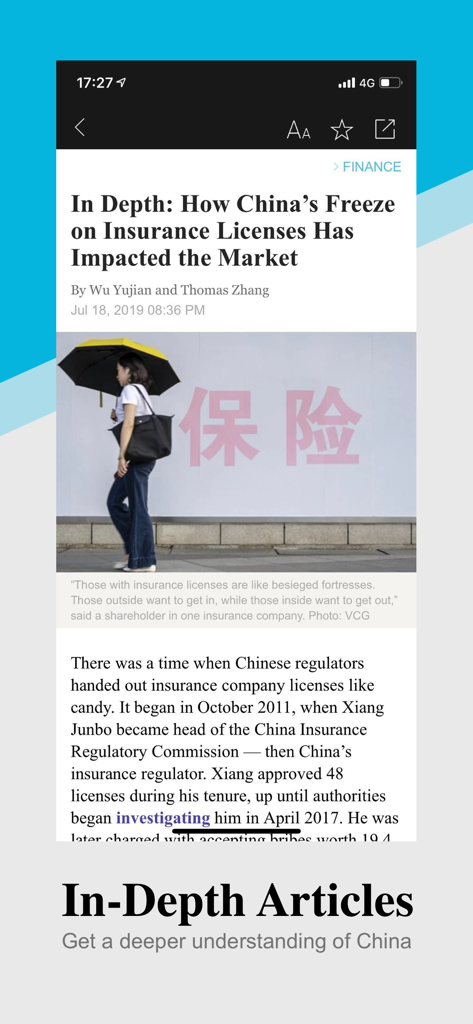Caixin Global - Caixin Global mobile app screen showing a deep dive business article about the Chinese economy