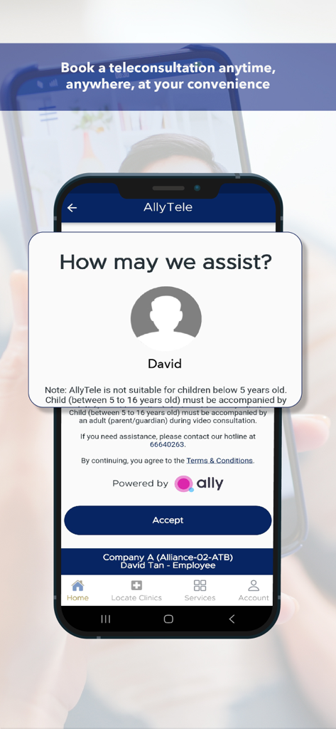 iCare 2.0 - Interfaz de la aplicación iCare 2.0 para reservar una teleconsulta a través de AllyTele.