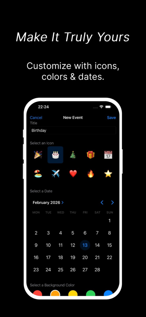 CountDownIt - Countdown App - Screenshot der Benutzeroberfläche der CountDownIt-App zur Erstellung eines neuen Ereignisses mit benutzerdefinierten Symbolen, Farben und Daten