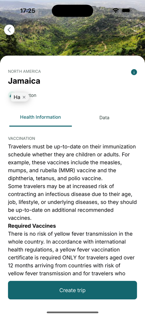 famba - Famba app screen showing health information and vaccination requirements for travel to Jamaica.
